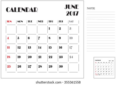 simple 2017 calendar, 2017 calendar paper design, week starts with Sunday, June