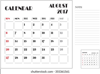 simple 2017 calendar, 2017 calendar paper design, week starts with Sunday, August