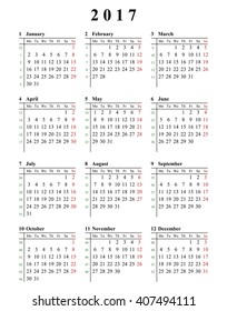 Simple 2017 calendar template for commercial and private use - week starting with Monday