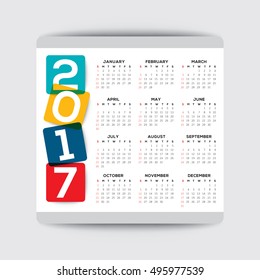 Simple 2017 calendar vector template, week starts from Sunday