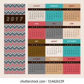 Simple 2017 calendar, Week starts Sunday, Chevron style with retro colors.