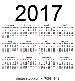 Simple 2017 year calendar isolated on white background. Square template, week starts on Sunday, EPS 8 vector