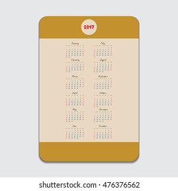 Simple 2017 year calendar on card, vector illustration.