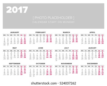 Simple 2017 year calendar, start on monday