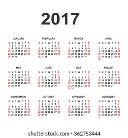 Simple 2017 year calendar.  Vector circle calendar 2017. Week starts from Sunday and ends  with Saturday. Font sans serif
