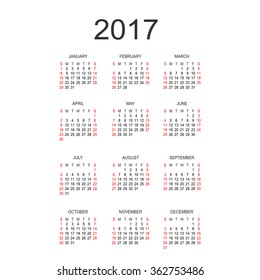 Simple 2017 year calendar.  Vector circle calendar 2017. Week starts from Sunday and ends  with Saturday. Font sans serif