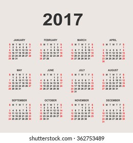 Simple 2017 year calendar.  Vector circle calendar 2017. Week starts from Sunday and ends  with Saturday. Font sans serif