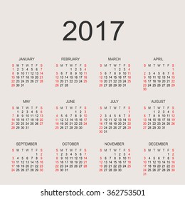 Simple 2017 year calendar.  Vector circle calendar 2017. Week starts from Sunday and ends  with Saturday. Font sans serif
