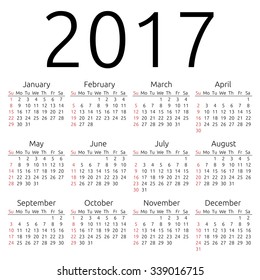 Simple 2017 year calendar, week starts on Sunday, EPS 8 vector