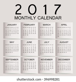 Simple 2017 year vector calendar / 2017 calendar design / 2017 calendar vertical - week starts with Sunday
