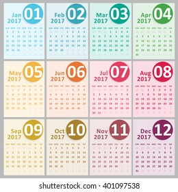 Simple 2017 year vector calendar / 2017 calendar design / 2017 calendar vertical week - starts with Sunday