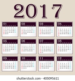 Simple 2017 year vector calendar / 2017 calendar design / 2017 calendar vertical - week starts with Sunday
