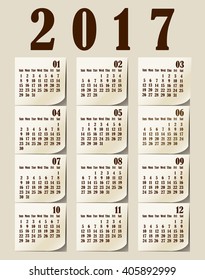 Simple 2017 year vector calendar / 2017 calendar design / 2017 calendar vertical - week starts with Sunday