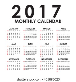 Simple 2017 year vector calendar / 2017 calendar design / 2017 calendar vertical - week starts with Sunday