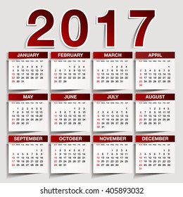 Simple 2017 year vector calendar / 2017 calendar design / 2017 calendar vertical - week starts with Sunday