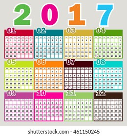 Simple 2017 year vector calendar / 2017 calendar design / 2017 calendar vertical - week starts with Sunday



