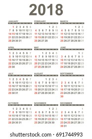 Simple 2018 year calendar on white background. Vector template. American standard.