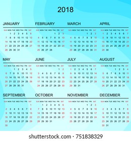 Simple 2018 year calendar. Square template, week starts on Sunday. Vector Illustration