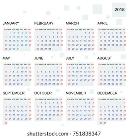 Simple 2018 year calendar. Square template, week starts on Sunday. Vector Illustration