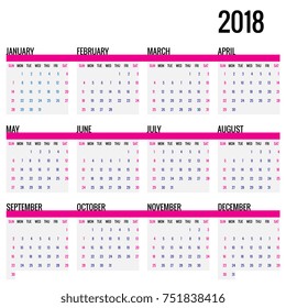 Simple 2018 year calendar. Square template, week starts on Sunday. Vector Illustration