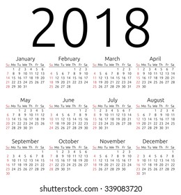 Simple 2018 year calendar, week starts on Sunday, EPS 8 vector