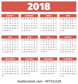 Simple 2018 year calendar, week starts on Sunday