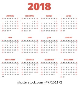 Simple 2018 year calendar, week starts on Sunday