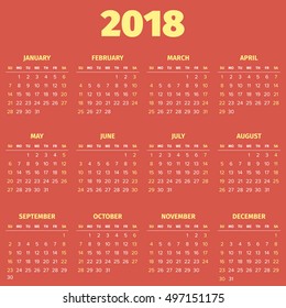 Simple 2018 year calendar, week starts on Sunday