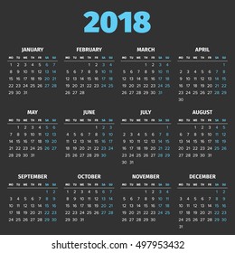 Simple 2018 year calendar, week starts on Monday
