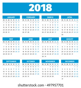 Simple 2018 year calendar, week starts on Monday