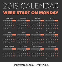 Simple 2018 year calendar, week starts on Monday