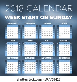 Simple 2018 year calendar, week starts on Sunday