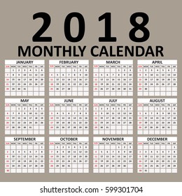 Simple 2018 year vector calendar / 2018 calendar design / 2018 calendar vertical - week starts with Sunday