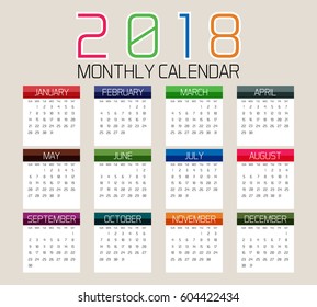 Simple 2018 year vector calendar / 2018 calendar design / 2018 calendar vertical - week starts with Sunday