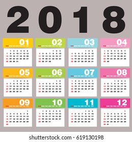 Simple 2018 year vector calendar / 2018 calendar vertical - week starts with Sunday