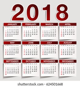 Simple 2018 year vector calendar / 2018 calendar vertical - week starts with Sunday