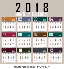 Simple 2018 year vector calendar / 2018 calendar vertical - week starts with Sunday