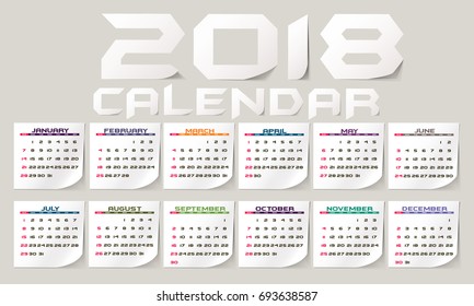 Simple 2018 year vector calendar / 2018 calendar vertical - week starts with Sunday.