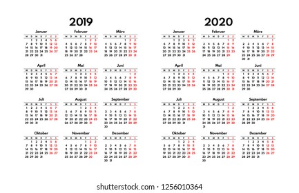 simple 2019 2020 german calendar grid, starts monday, two weekend