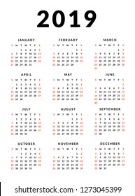 Simple 2019 calendar template, week starts on sunday.
