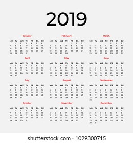 Simple 2019 calendar. Vector illustration for your graphic design.