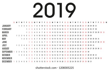 Simple 2019 planner calendar and day schedule for private use and business