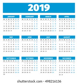 Simple 2019 year calendar