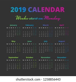 Simple 2019 year calendar on the black background