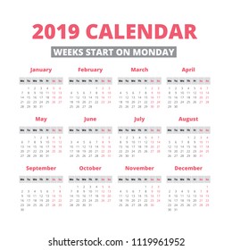 Simple 2019 year calendar, week starts on Monday