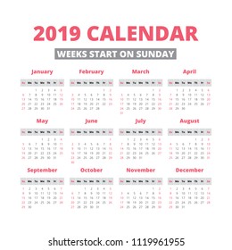 Simple 2019 year calendar, week starts on sunday