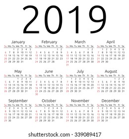 Simple 2019 year calendar, week starts on Sunday, EPS 8 vector