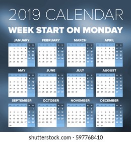 Simple 2019 year calendar, week starts on Monday