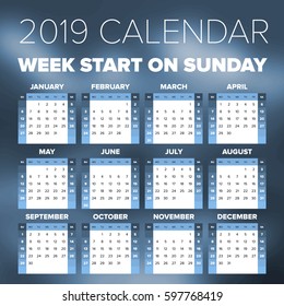 Simple 2019 year calendar, week starts on Sunday