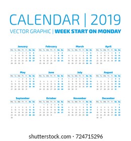Simple 2019 year calendar, week starts on monday